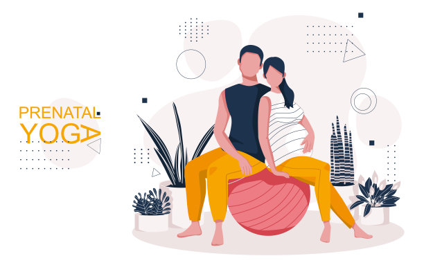 年轻的准父母在为孕妇开设的瑜伽课上。一个男人和一个孕妇坐在体育馆的球里。孕妇配对瑜伽。时尚矢量插图的家庭生活。图片下载