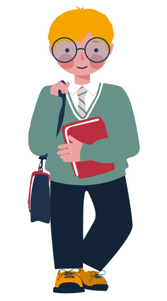 可爱的男孩，穿着校服，戴着眼镜拿着一本书。漂亮的矢量图。图片下载