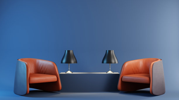 现代扶手椅和蓝色背景。复制空间概念室内图像。(8 k图)图片下载