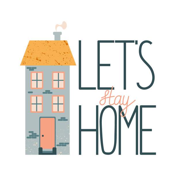 卡通小屋与字母。手绘家居立面用纹理和温馨的家居短语，可爱的联排别墅和乡村家庭住宅，房地产现代设计平面矢量孤立插图图片下载