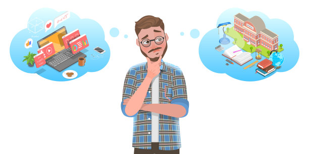 在线学习与离线学习的三维等距平面矢量概念插图。图片下载