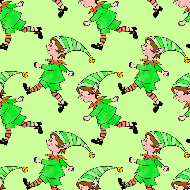 无缝图案与圣诞精灵男孩。新年圣诞水彩手绘背景和纹理。适用于贺卡、包装纸、包装、纺织品、织物、印刷品等图片下载