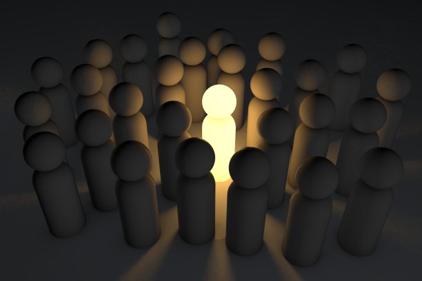 一个独特的领导者在一群追随者中，有一个独特的想法。领导人的意见。三维渲染图片下载