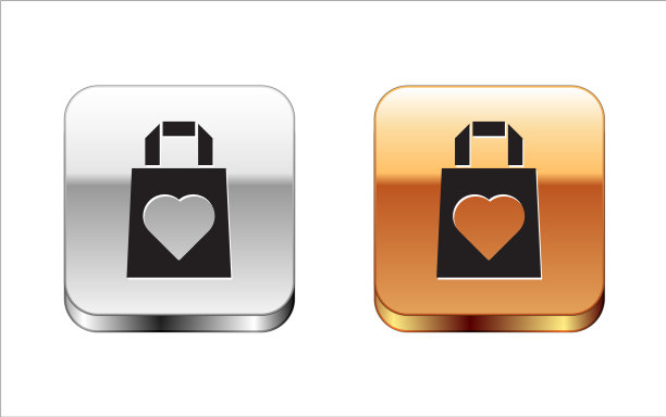 黑色购物袋与心脏图标孤立上图片下载