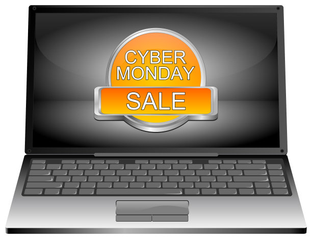 笔记本电脑与橙色的网络星期一销售按钮- 3D插图图片下载