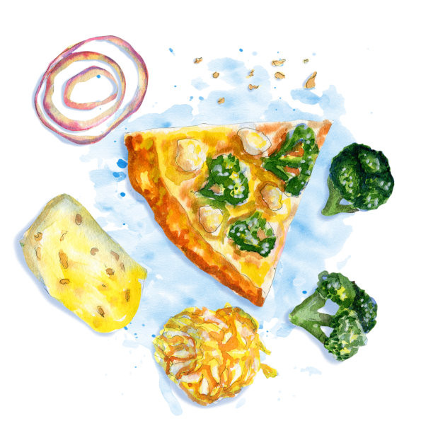 水彩平面构图与素食披萨上的蓝色图片下载