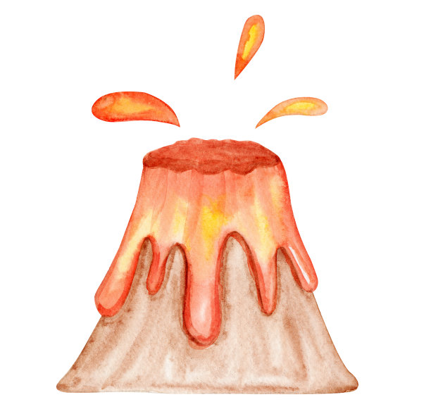 水彩画火山喷发与熔岩孤立的白色背景图片下载