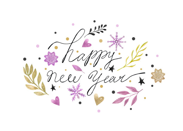 用雪花、小圆点和树叶做成的水彩画圣诞卡片，以及新年快乐的信图片下载