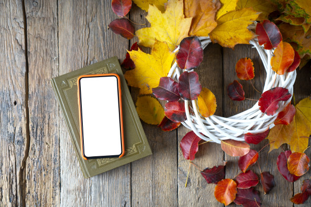 秋季模板与空白的白色智能手机屏幕躺在木桌上的书和树叶。图片下载