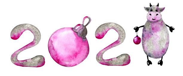 数字，2021号和公牛是新的一年的象征。水彩手绘插图孤立的白色背景。横向横幅，圣诞产品设计，明信片，海报图片下载
