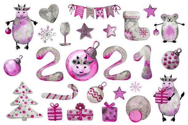 公牛和老鼠，象征2021年新年，圣诞树装饰品，球，花环，礼物，雪花。水彩集手绘插图孤立的白色背景图片下载