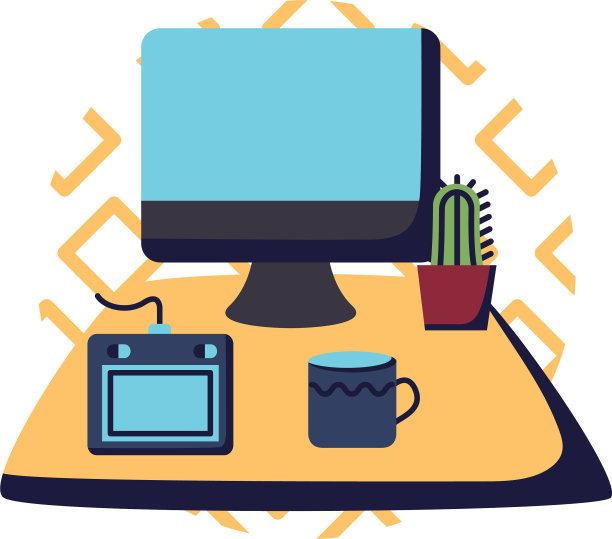 电脑，咖啡杯和仙人掌图片下载