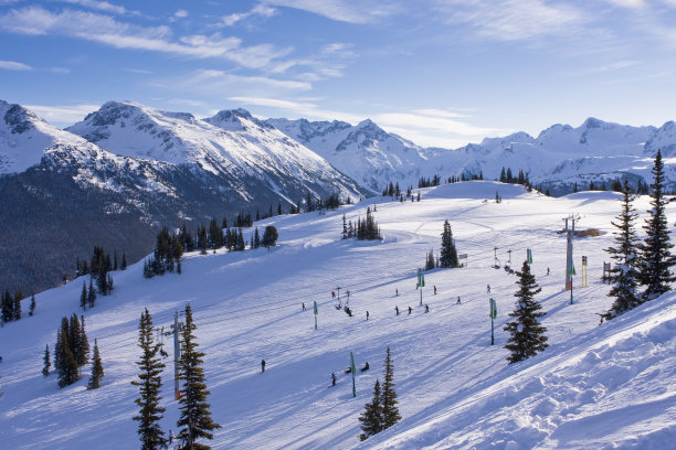 滑雪者在惠斯勒山上滑雪。图片下载