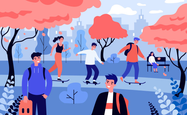 快乐的人们在秋天的公园溜冰图片下载