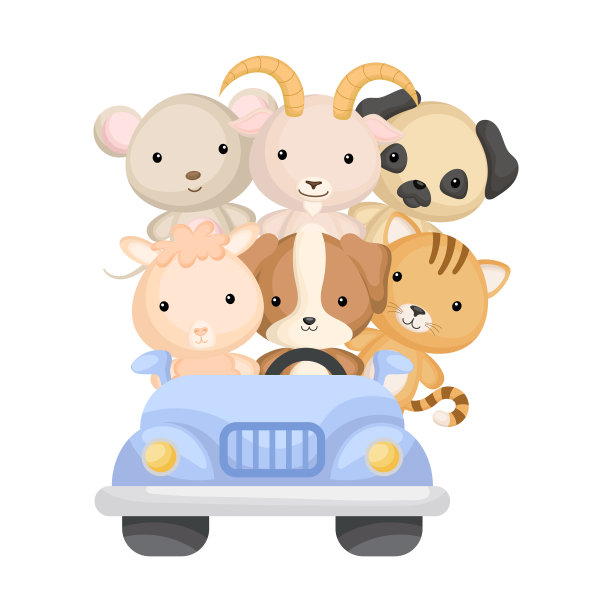 可爱的老鼠狗山羊猫和羊驼在车里旅行图片下载