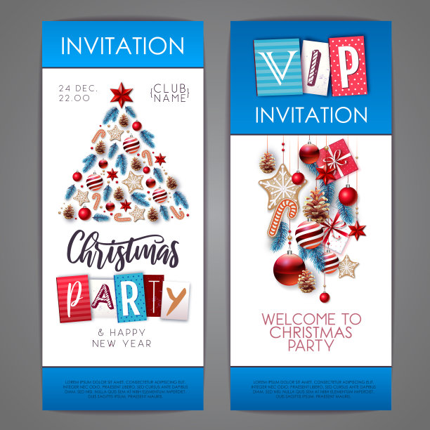 圣诞快乐，并附上新年贺卡。圣诞假期的邀请函有冷杉树、雪花、玻璃球、松果和星星图片下载