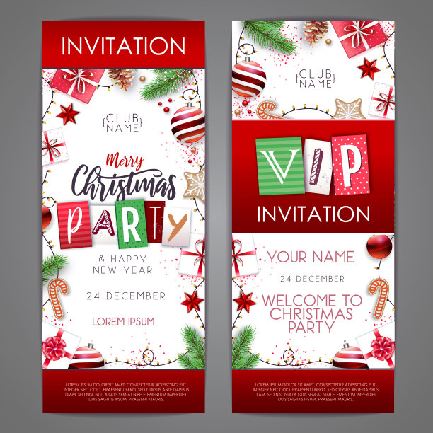 圣诞快乐，并附上新年贺卡。圣诞假期的邀请函有冷杉树、雪花、玻璃球、松果和星星图片下载