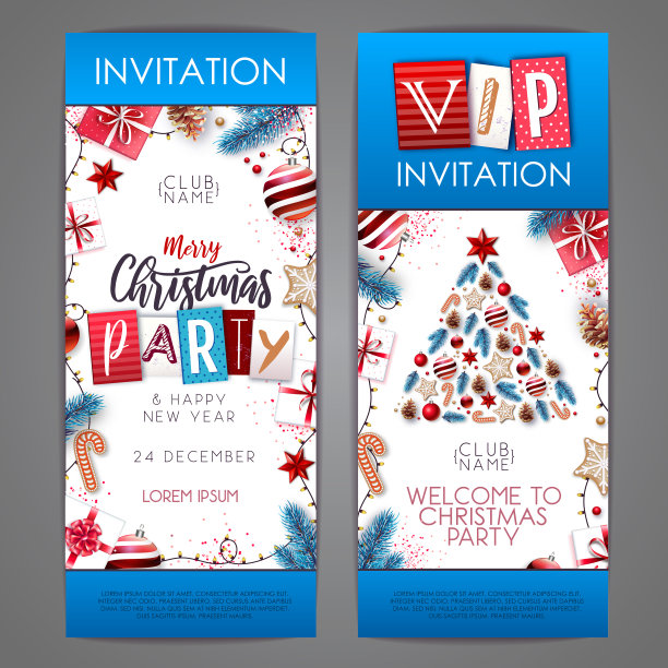 圣诞快乐，并附上新年贺卡。圣诞假期的邀请函有冷杉树、雪花、玻璃球、松果和星星图片下载