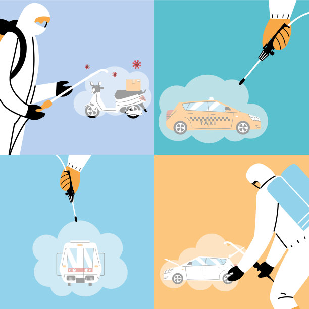 穿着防护服的人给车辆消毒图片下载