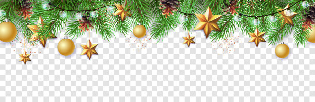 圣诞快乐，并附上新年贺卡。圣诞节的冷杉树，雪花，玻璃球，松果和星星在透明的背景图片下载