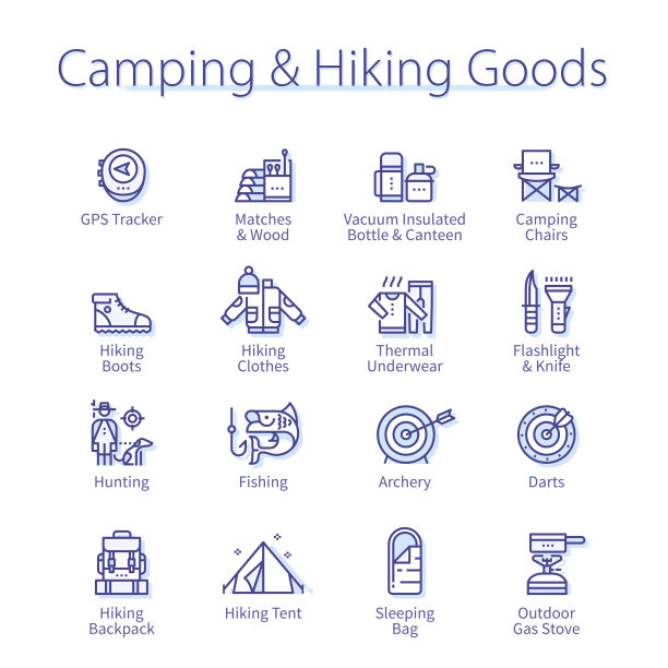 露营和徒步旅行商品概念。背包，帐篷，手电筒，鱼钩，刀，火柴装备细线图标集。户外钓鱼，狩猎旅行冒险线性矢量插图图片下载