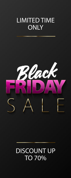 黑色背景的黑色星期五促销垂直横幅。白色，粉色和金色的文字。玻璃效果反射在光滑的粉红色字母上。限时只打七折图片下载