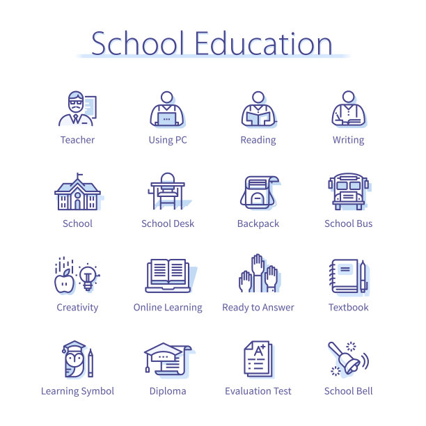 小学教育理念。师生人在线学习，阅读书籍，毕业帽，毕业证书，巴士，背包细线图标集。研究线性矢量图图片下载