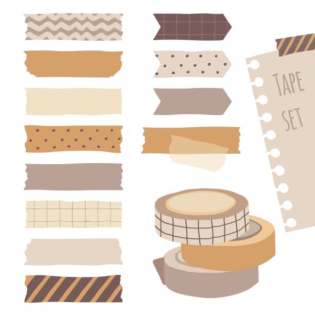 一套可爱的彩色手绘掩蔽胶带，空白标签标签贴纸与图案在柔和的颜色作为设计元素的装饰。图片下载