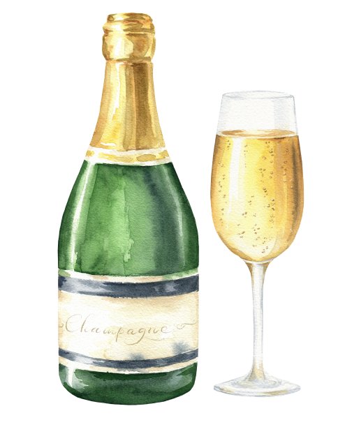 手绘水彩香槟瓶和玻璃隔离在白色背景。图片下载