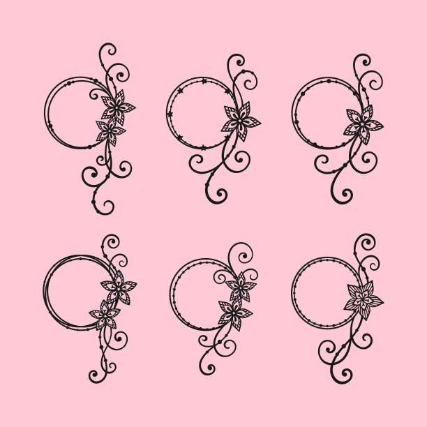 一套精致的圆形框架与鲜花，卷发和珠子图片下载