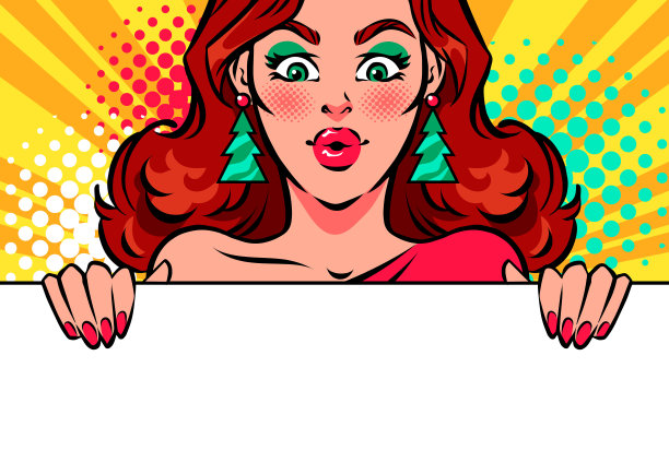 圣诞海报，惊奇的波普艺术女人和空白的文字。图片下载