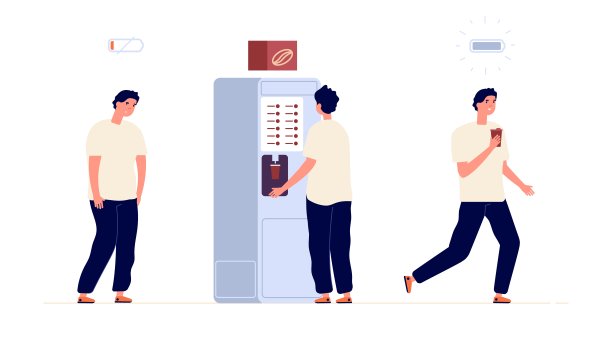 咖啡的能量。孤立的创意工作者需要动力休息。咖啡杯，办公室经理的活力饮料。快乐的商人与卡布奇诺矢量插图图片下载