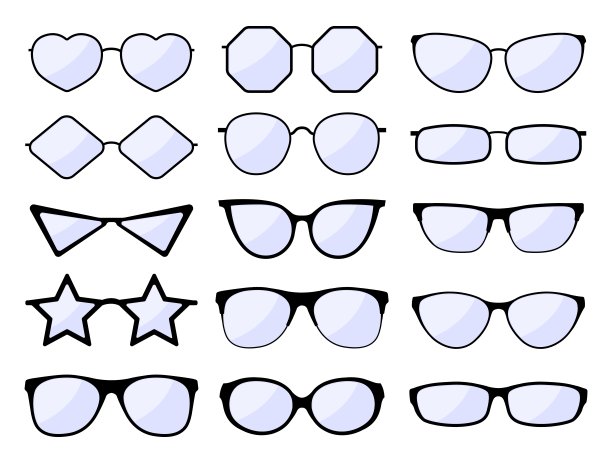 眼镜的剪影。时尚框架眼镜，黑色眼镜模型。时尚眼镜玻璃。时髦的太阳镜。矢量孤立图标集图片下载