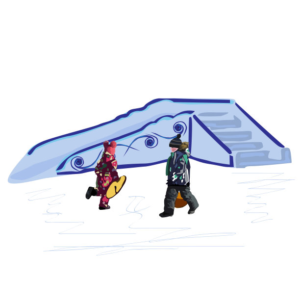 孩子们在冰坡附近驾着冰船图片下载