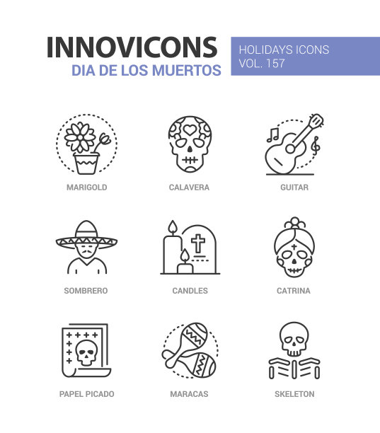 Dia de los Muertos -现代线条设计风格的图标集图片下载