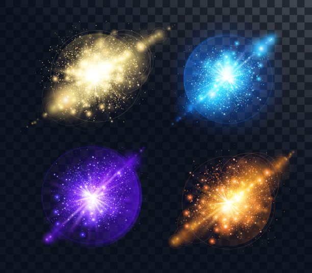 彩色的闪光和爆炸与火花，发光光效果的透明背景，矢量插图图片下载