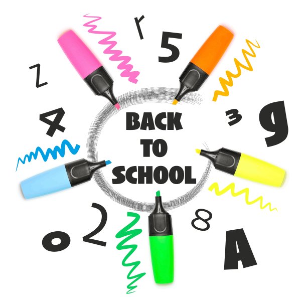 打开多色的荧光笔排列在回到学校的文字周围，用手画的记号笔划线，剪下图片下载