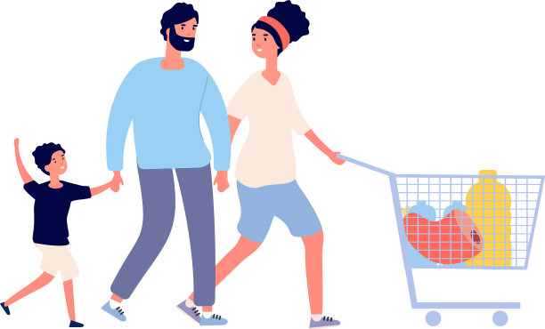 家庭食品采购男人女人男孩推车图片下载