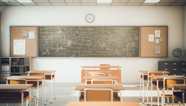 教室的内部，有木制的桌椅图片下载