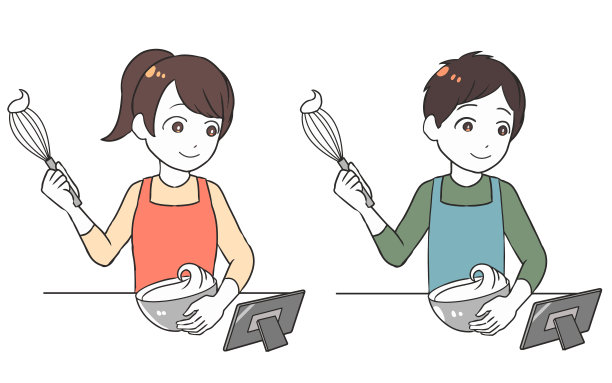 一边看平板电脑一边搅拌图片下载