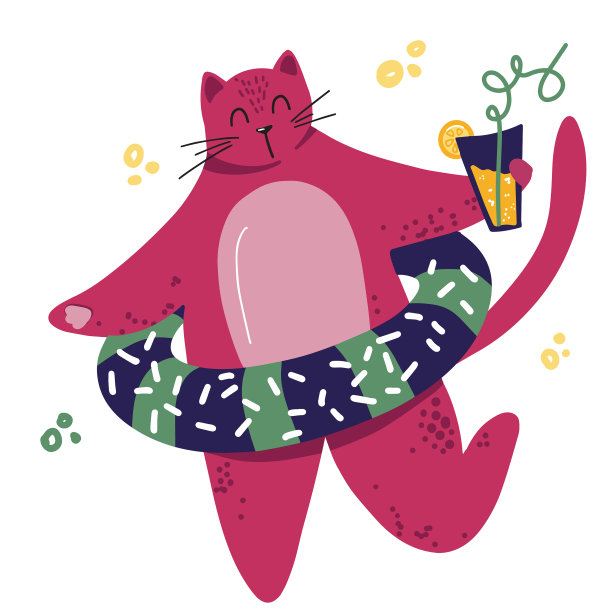 胖可爱的猫有一个休息与鸡尾酒手绘图片下载