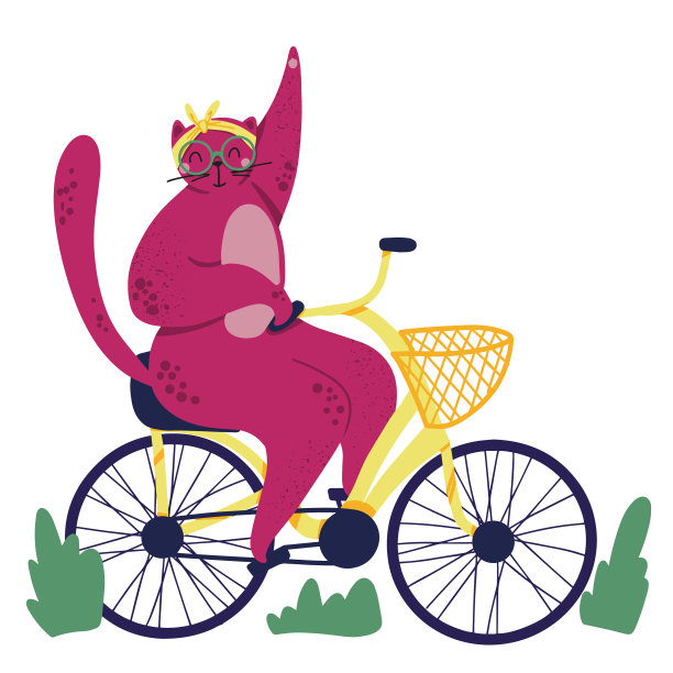 粉红色的肥猫在户外骑着自行车食物篮图片下载