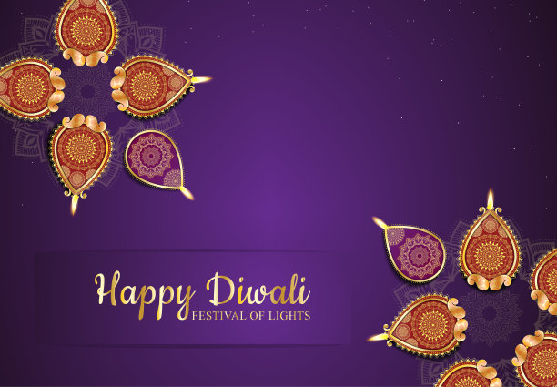 快乐的排灯节的灯，色彩丰富的背景装饰迪亚灯和莲花。图片下载