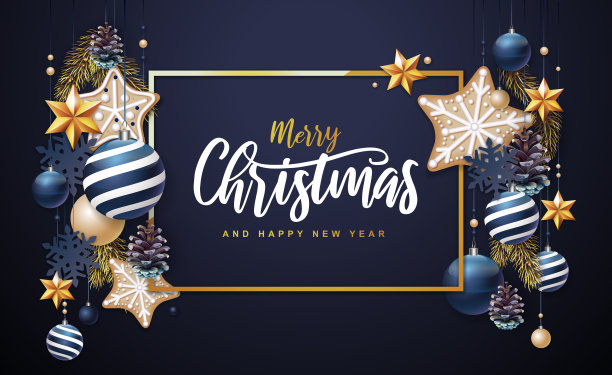 圣诞快乐，并附上新年贺卡。圣诞假期的背景有冷杉树，雪花，玻璃球，松果和星星图片下载