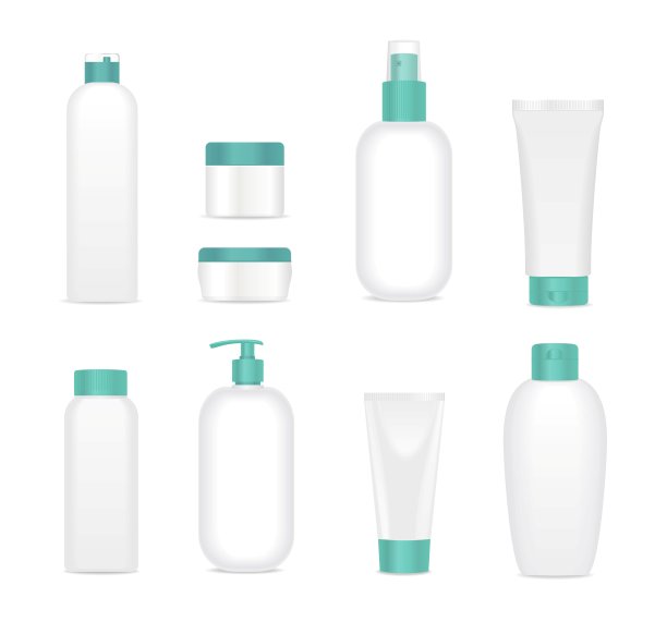一套白色逼真的化妆管与绿宝石帽。向量图片下载