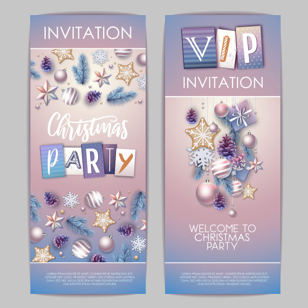 圣诞快乐，并附上新年贺卡。圣诞假期的邀请函有冷杉树、雪花、玻璃球、松果和星星图片下载