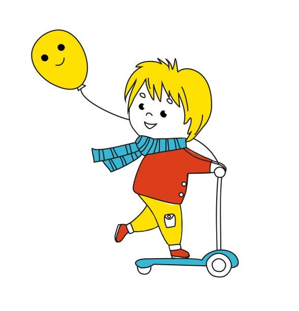 微笑的小男孩踢滑板车。有趣的彩色插图。向量图片下载