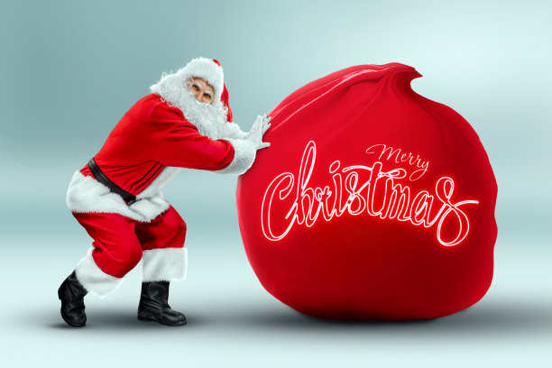 一个快乐的圣诞老人的肖像穿着红色的衣服提着一个大袋子，灯光的背景。概念为平安夜、假期、节日横幅、新年。3D插图，3D渲染。图片下载