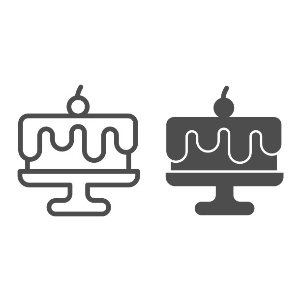 巧克力蛋糕站线和固体图标，生日纸杯蛋糕概念，蛋糕站与樱桃标志在白色背景，生日甜点与浆果图标在轮廓风格。矢量图形。图片下载