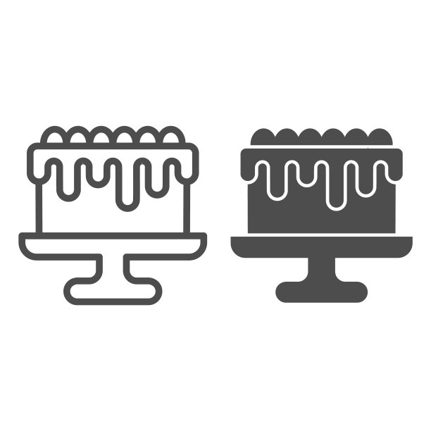 蛋糕与釉面站线和固体图标，糕点概念，甜点与巧克力奶油标志在白色的背景，甜食食品的节日庆祝图标轮廓风格。矢量图形。图片下载